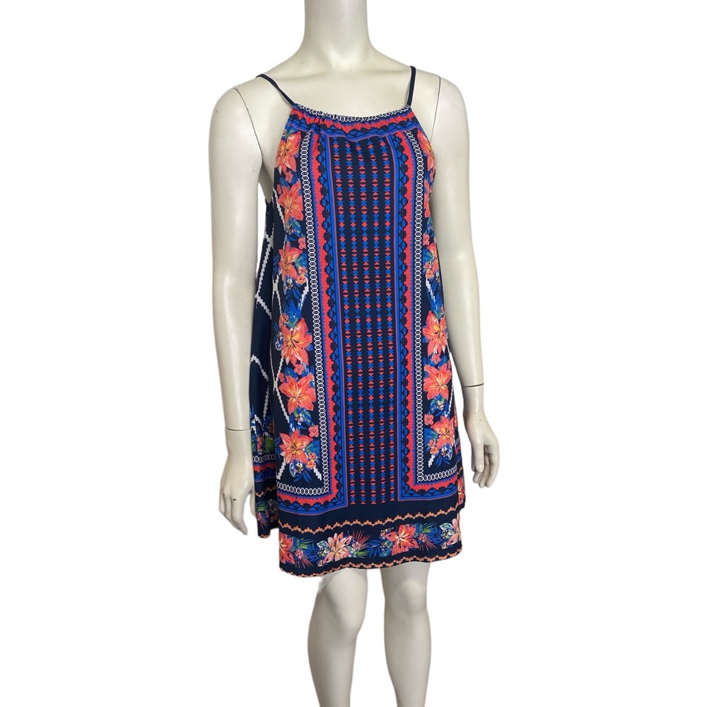 FLYING TOMATO Blue Pink Floral Sleeveless Tassel Tie Boho Mini Dress - XS